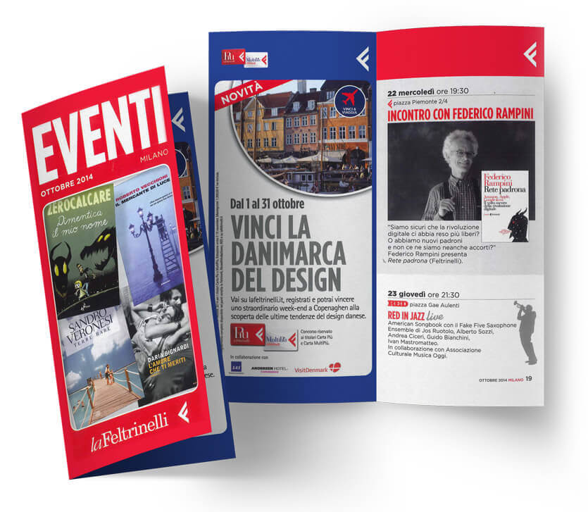 Il folder eventi distribuito nei negozi laFeltrinelli di Milano, Roma e Napoli